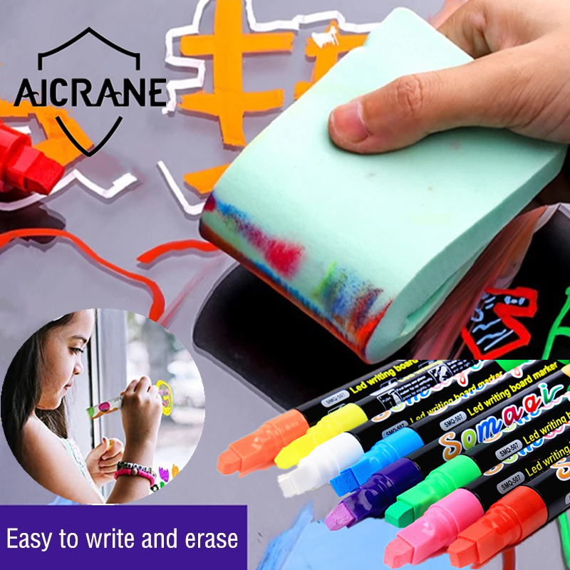Aicrane 7mm flat head highlighter pen liquid chalk washable window markers  8 colors for cars neon paint chalk markers for glass, Blackboard, menu  board led writing board glass
